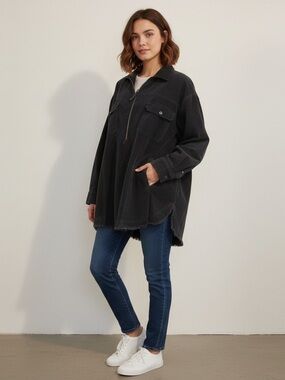OFFLINE by Aerie Black 1/4 Zip Oversize Jacket Shirt Frayed Hem Pockets Size M